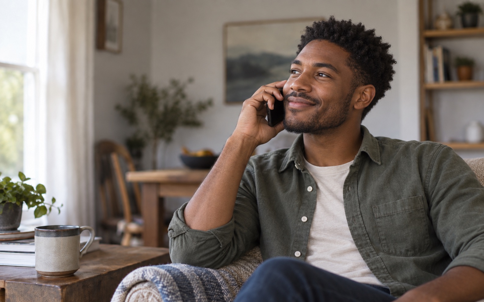 A young man smiling gently while receiving a phone call